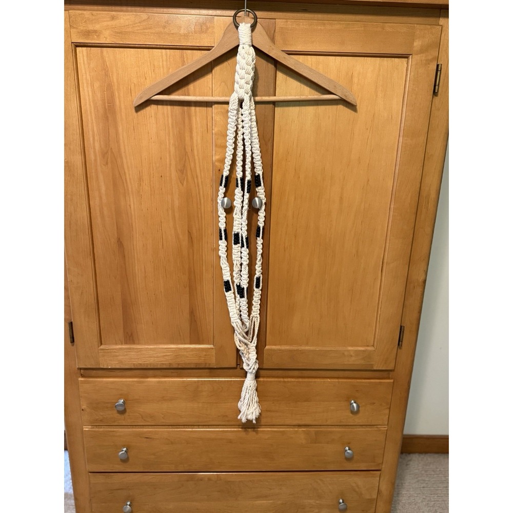 Vintage Handmade Macrame Plant Hanging Boho Knotted Design Beige Top Wooden Ring
